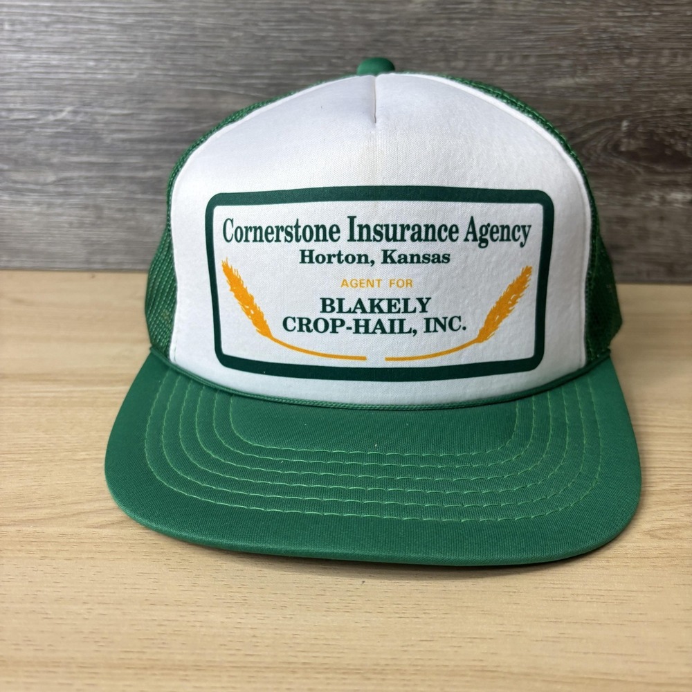 Vintage Cornerstone Insurance Agency Hat Cap Snap Back Green Trucker Mens